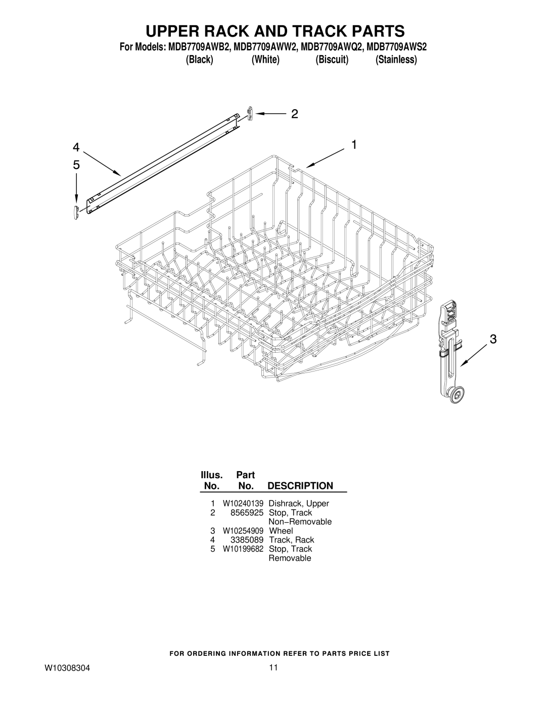 Maytag MDB7709AWB2, MDB7709AWW2, MDB7709AWQ2, MDB7709AWS2 manual Upper Rack and Track Parts 