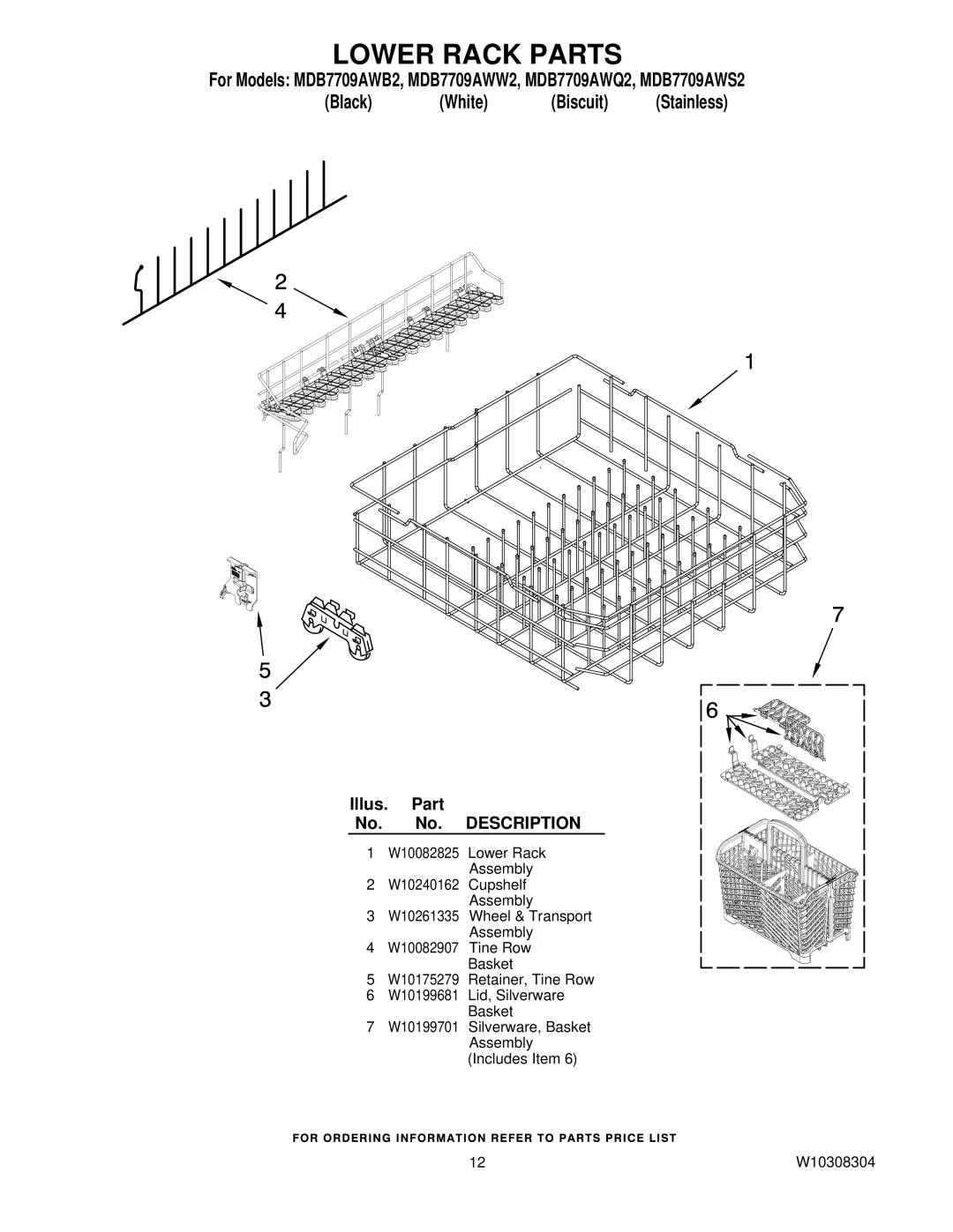 Maytag MDB7709AWW2, MDB7709AWQ2, MDB7709AWS2, MDB7709AWB2 manual Lower Rack Parts 