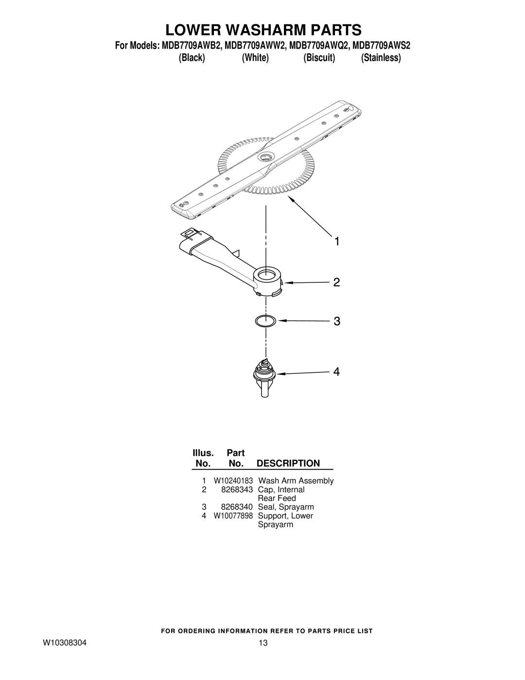 Maytag MDB7709AWQ2, MDB7709AWW2, MDB7709AWS2, MDB7709AWB2 manual Lower Washarm Parts 