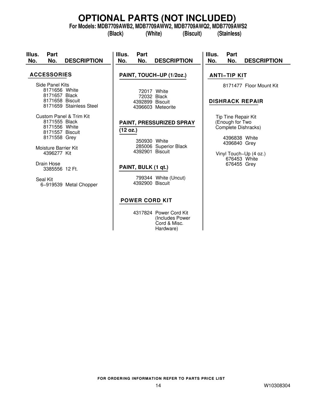 Maytag MDB7709AWS2, MDB7709AWW2, MDB7709AWQ2, MDB7709AWB2 manual Optional Parts not Included, Accessories 