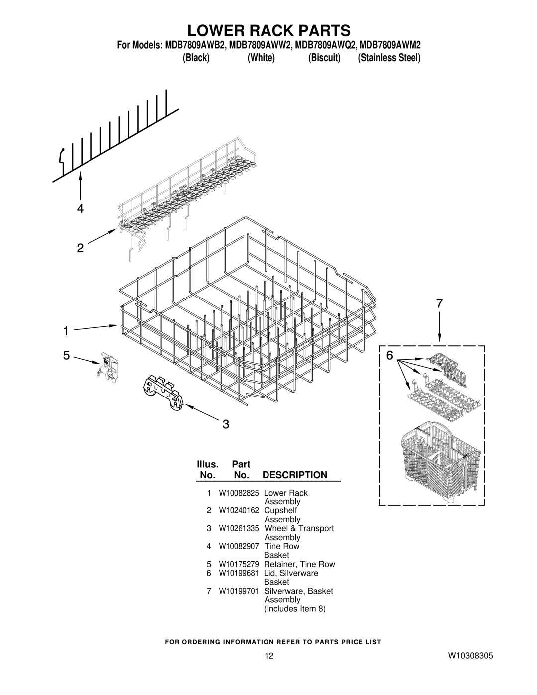 Maytag MDB7809AWW2, MDB7809AWQ2, MDB7809AWM2, MDB7809AWB2 manual Lower Rack Parts 