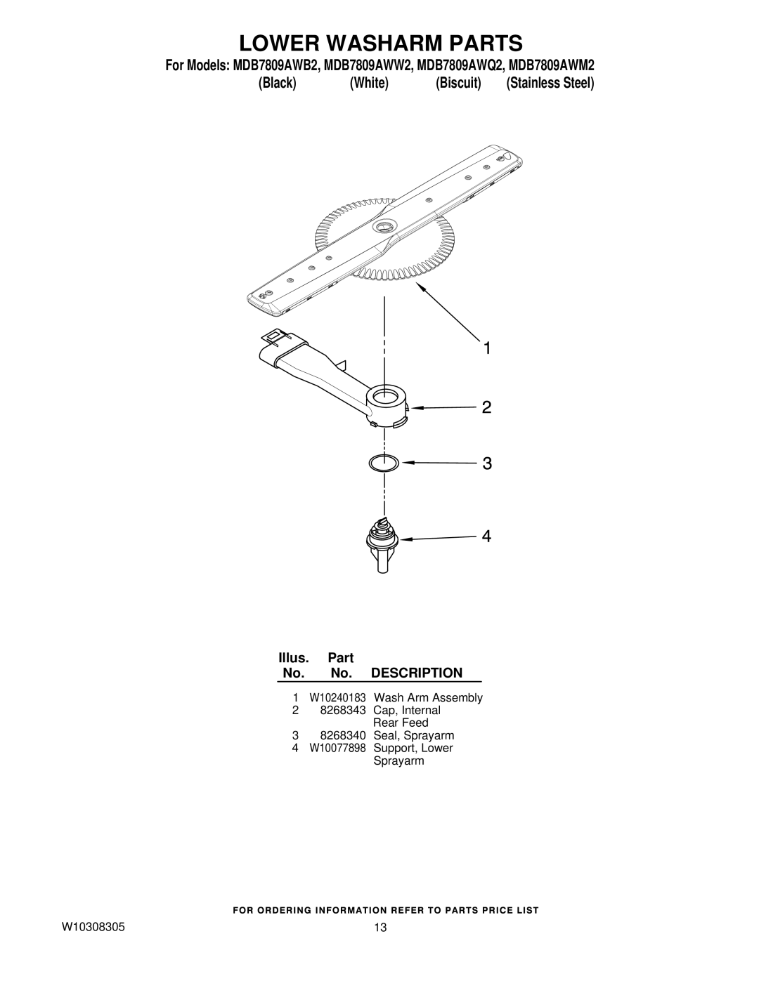 Maytag MDB7809AWQ2, MDB7809AWW2, MDB7809AWM2, MDB7809AWB2 manual Lower Washarm Parts 