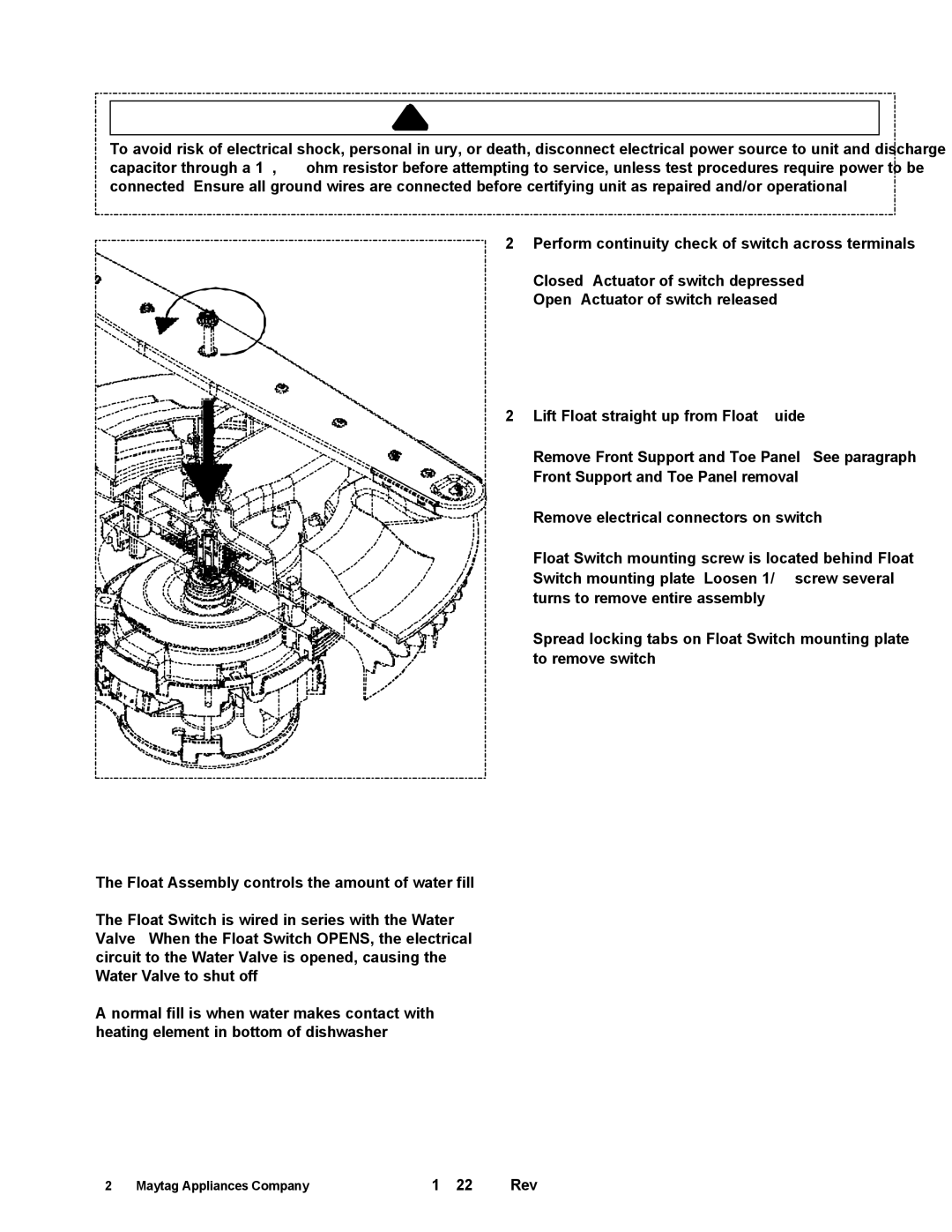 Maytag JDB2150AWP, MDB8750AW, MDB9750AW, JDB2100AW, JDB1100AW manual To Check Float Switch Disconnect power to the machine 