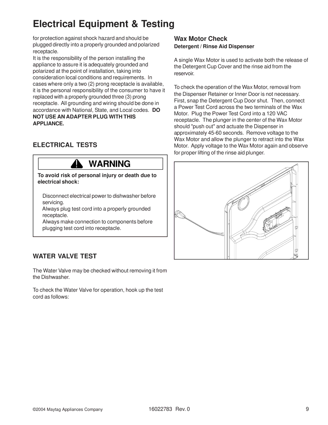 Maytag JDB2100AW, MDB8750AW, MDB9750AW, JDB2150AWP, JDB1100AW, JDB1060AW manual Electrical Tests, Wax Motor Check 