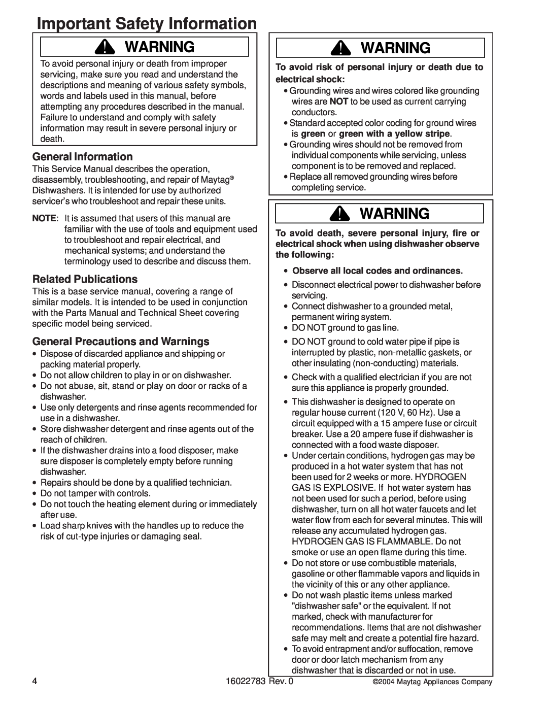 Maytag JDB1100AW Important Safety Information, General Information, Related Publications, General Precautions and Warnings 