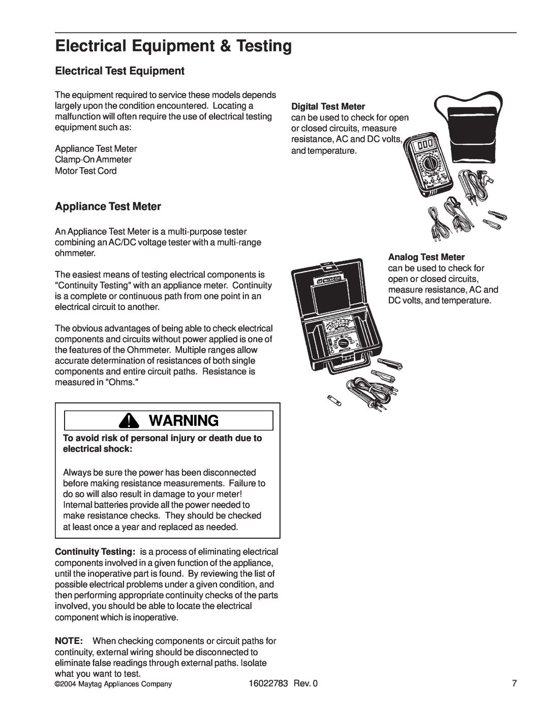 Maytag MDB9750AW manual Electrical Equipment & Testing, Electrical Test Equipment, Appliance Test Meter, Digital Test Meter 