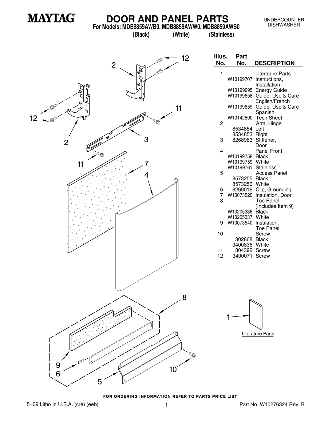 Maytag MDB8859AWB0, MDB8859AWS0, MDB8859AWW0 manual Door and Panel Parts, Black White Stainless 