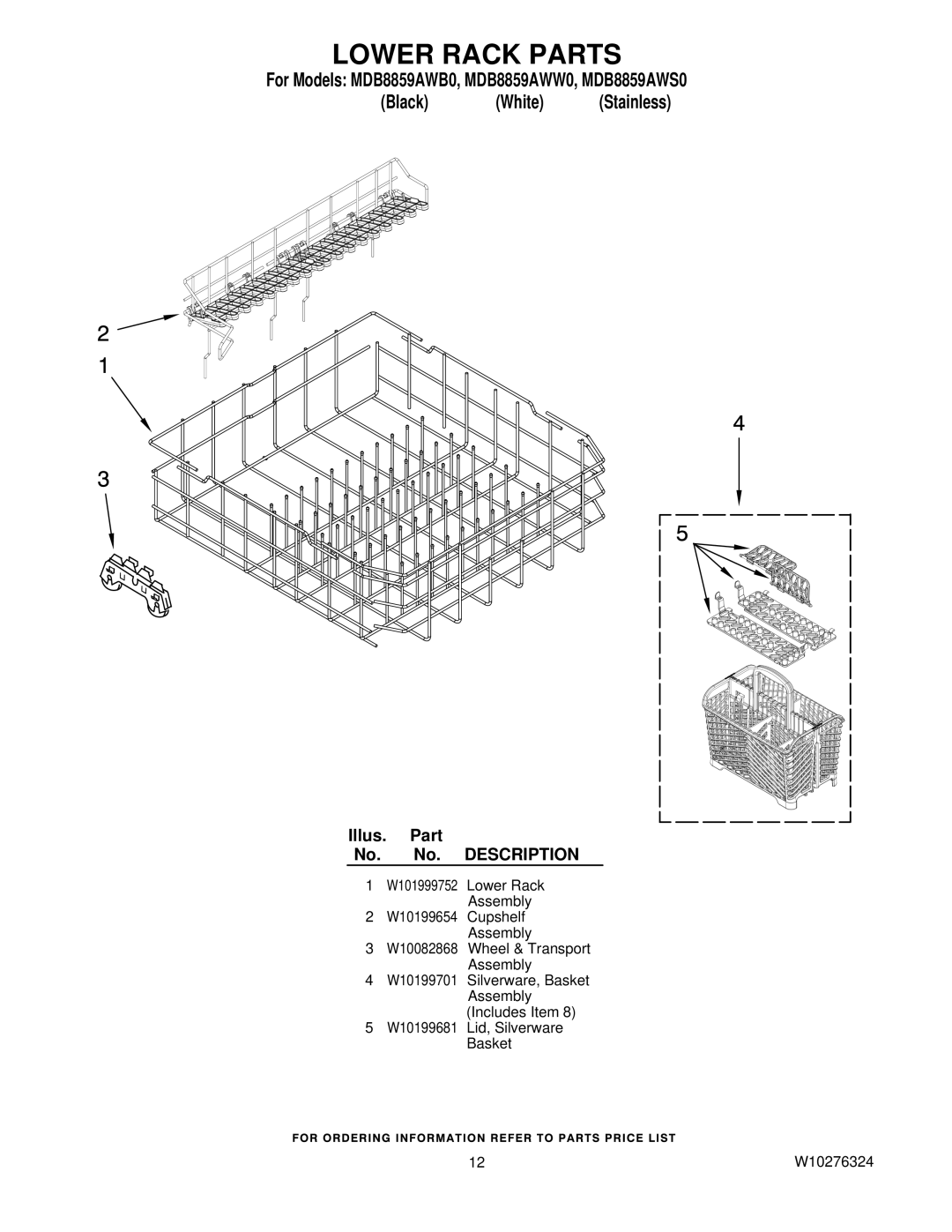 Maytag MDB8859AWS0, MDB8859AWB0, MDB8859AWW0 manual Lower Rack Parts 