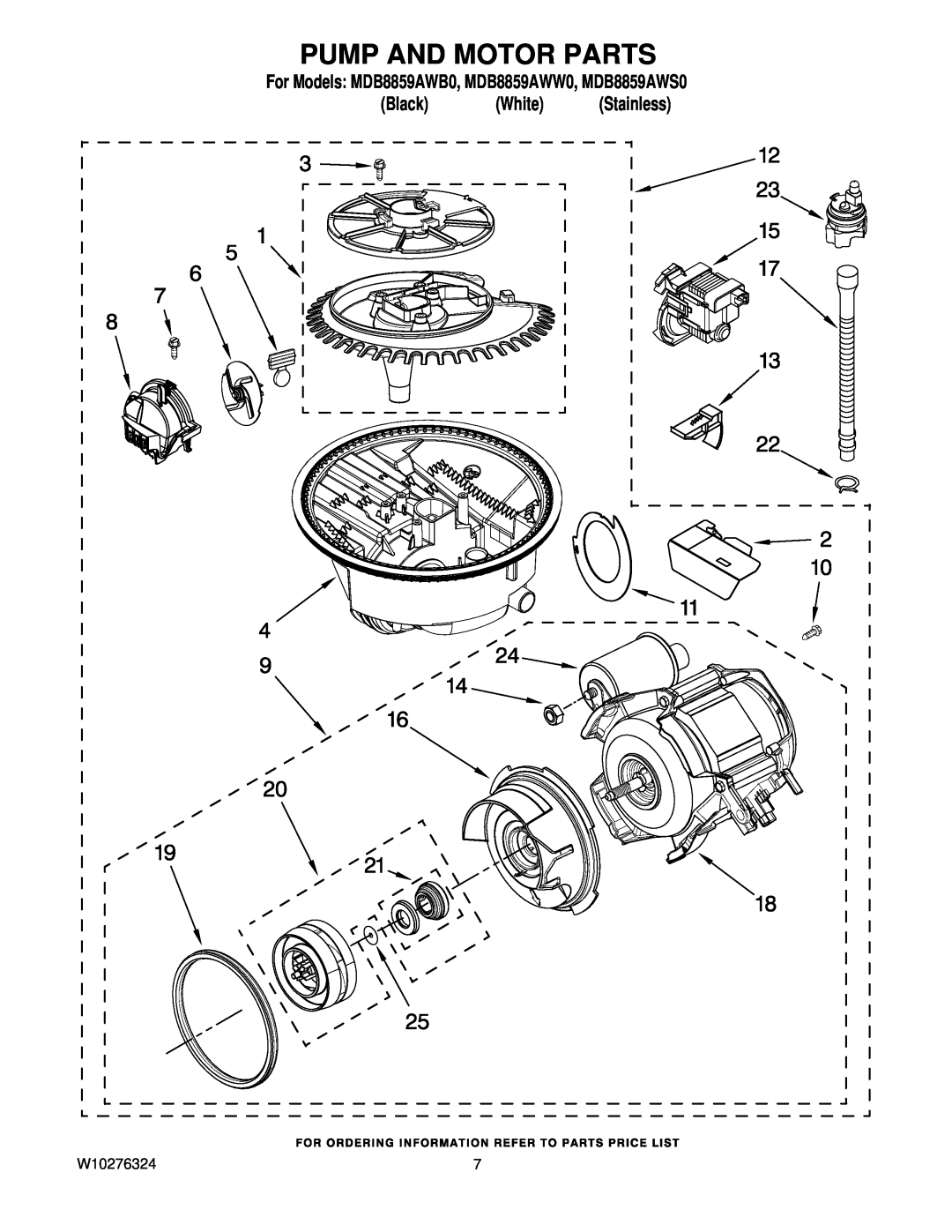 Maytag manual Pump And Motor Parts, For Models MDB8859AWB0, MDB8859AWW0, MDB8859AWS0, Black White Stainless 