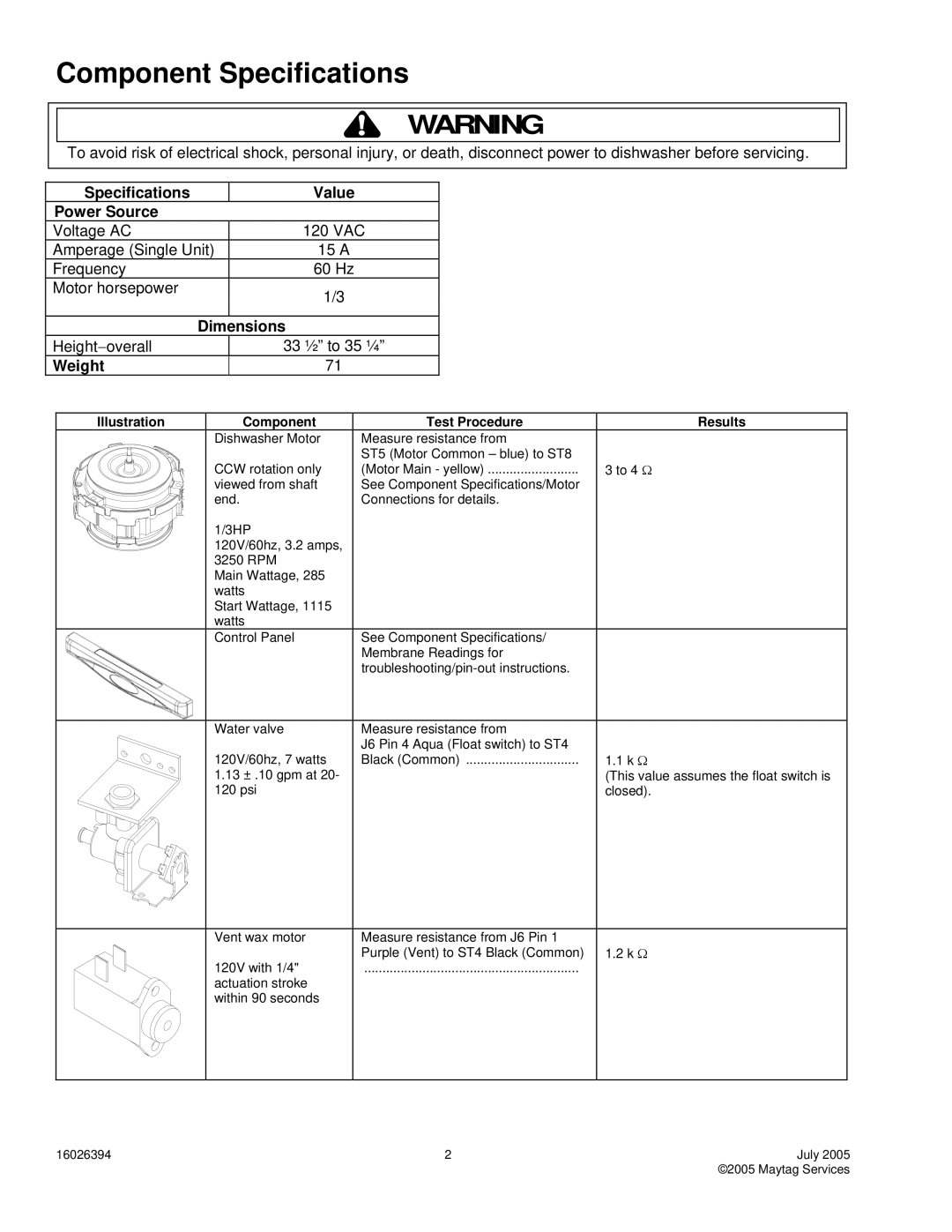 Maytag MDB8751AW*, MDB8951AW*, MDBM755AW*, ADB3500AW, MDB7751AW* Component Specifications, Power Source, Dimensions, Weight 