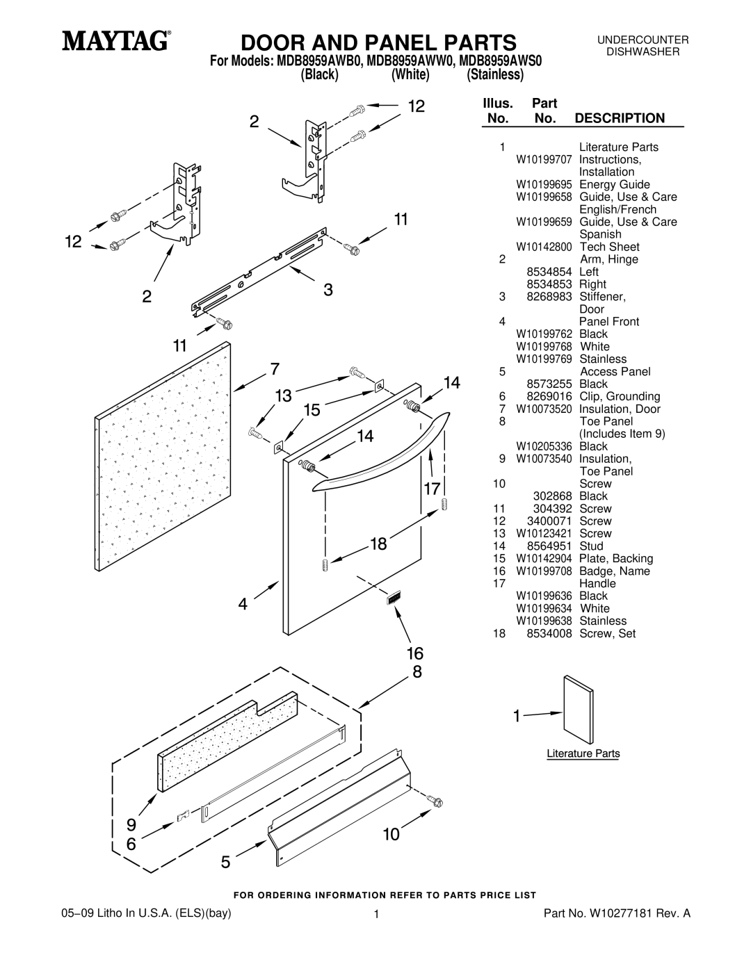 Maytag MDB8959AWS0, MDB8959AWW0, MDB8959AWB0 manual Door and Panel Parts, Black White 