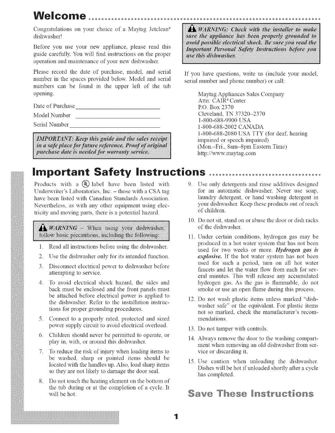 Maytag MDB9100 manual Date of Purchase Model Number Serial Number, Iiiiii!iii,i,i,i,i,i,i,liiiiiiiiiiiiiiiiiiii 