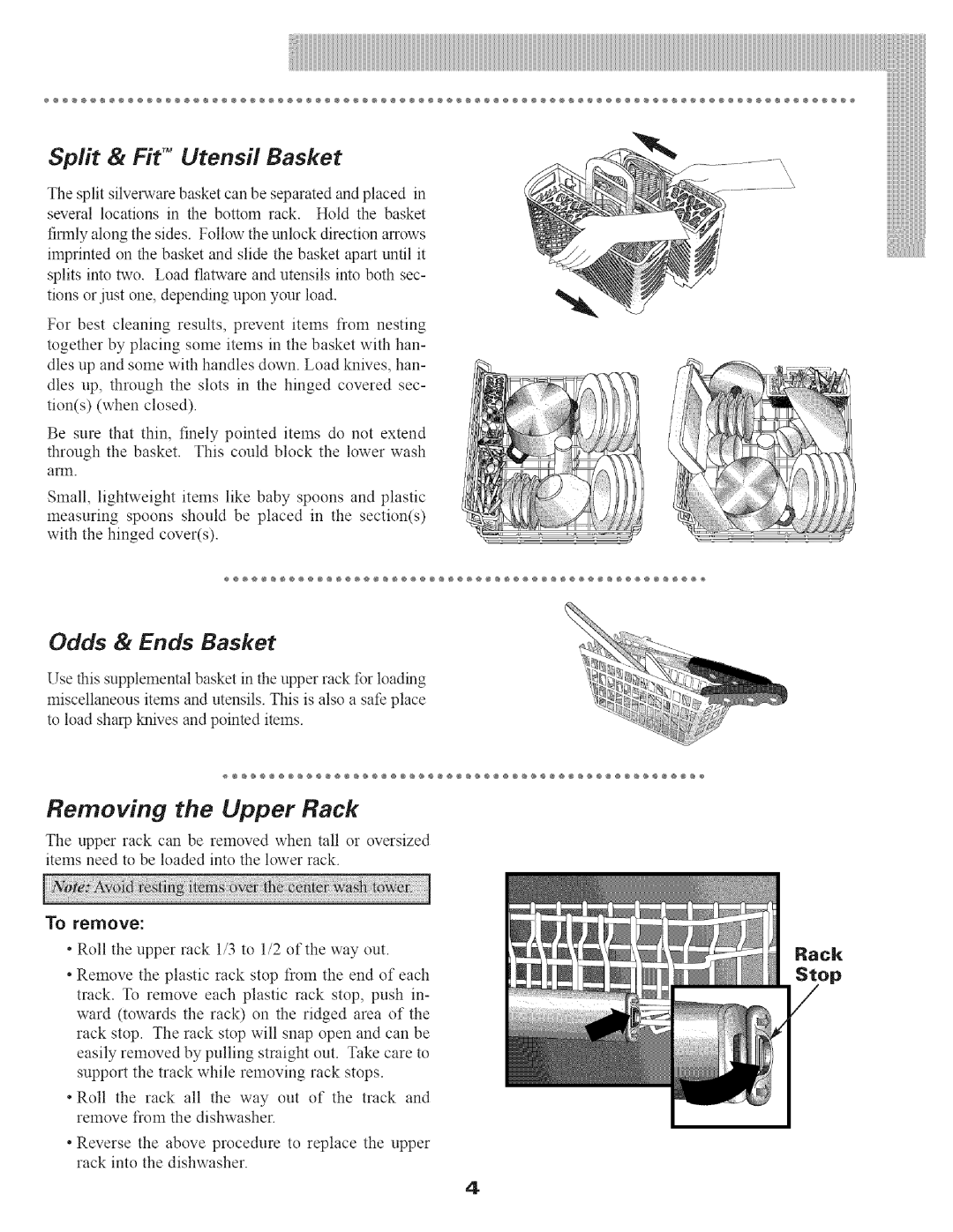 Maytag MDB9100 manual Split & Fit TM Utensil Basket, Removing the Upper Rack, To remove 