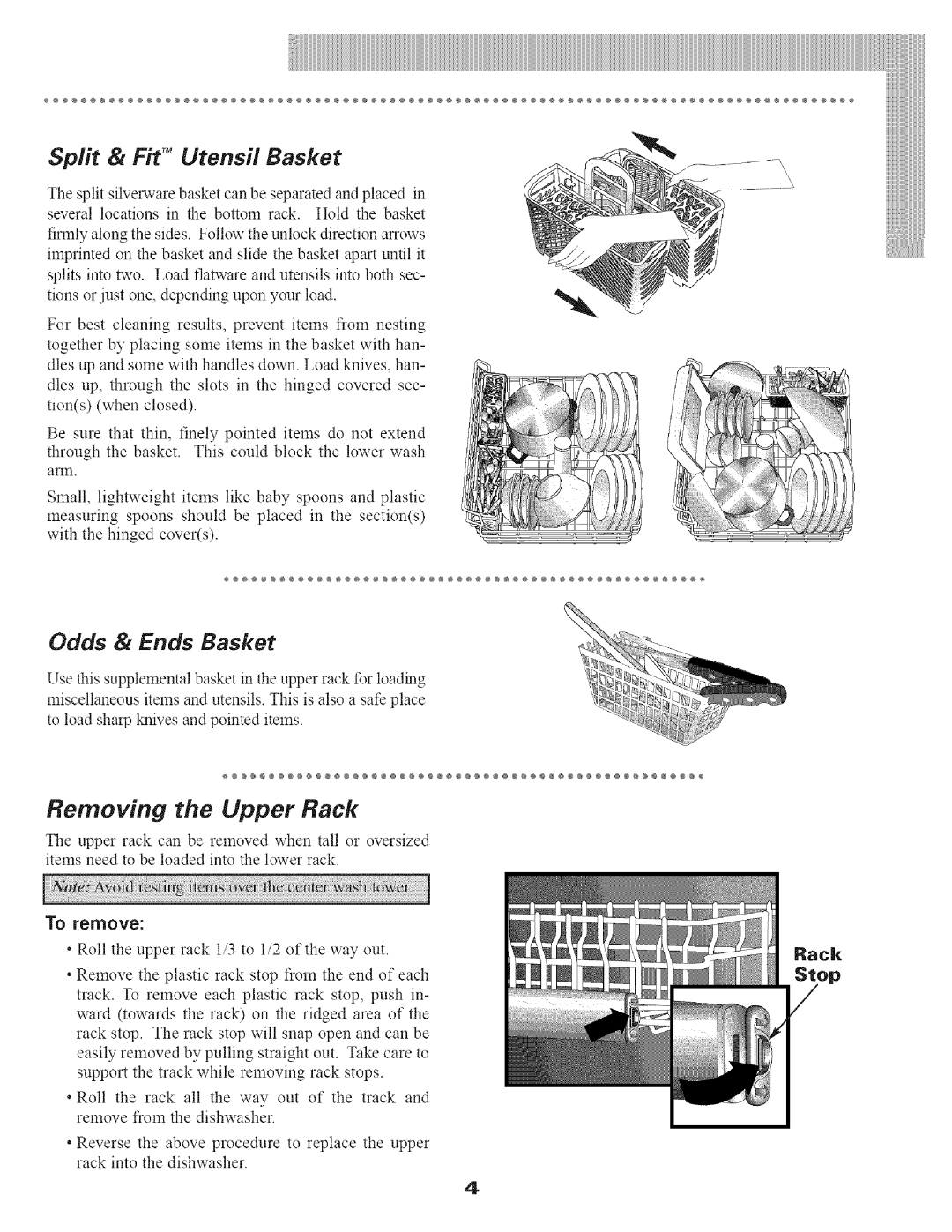 Maytag MDB9100 manual Split & Fit TM Utensil Basket, Removing the Upper Rack, Odds & Ends Basket 