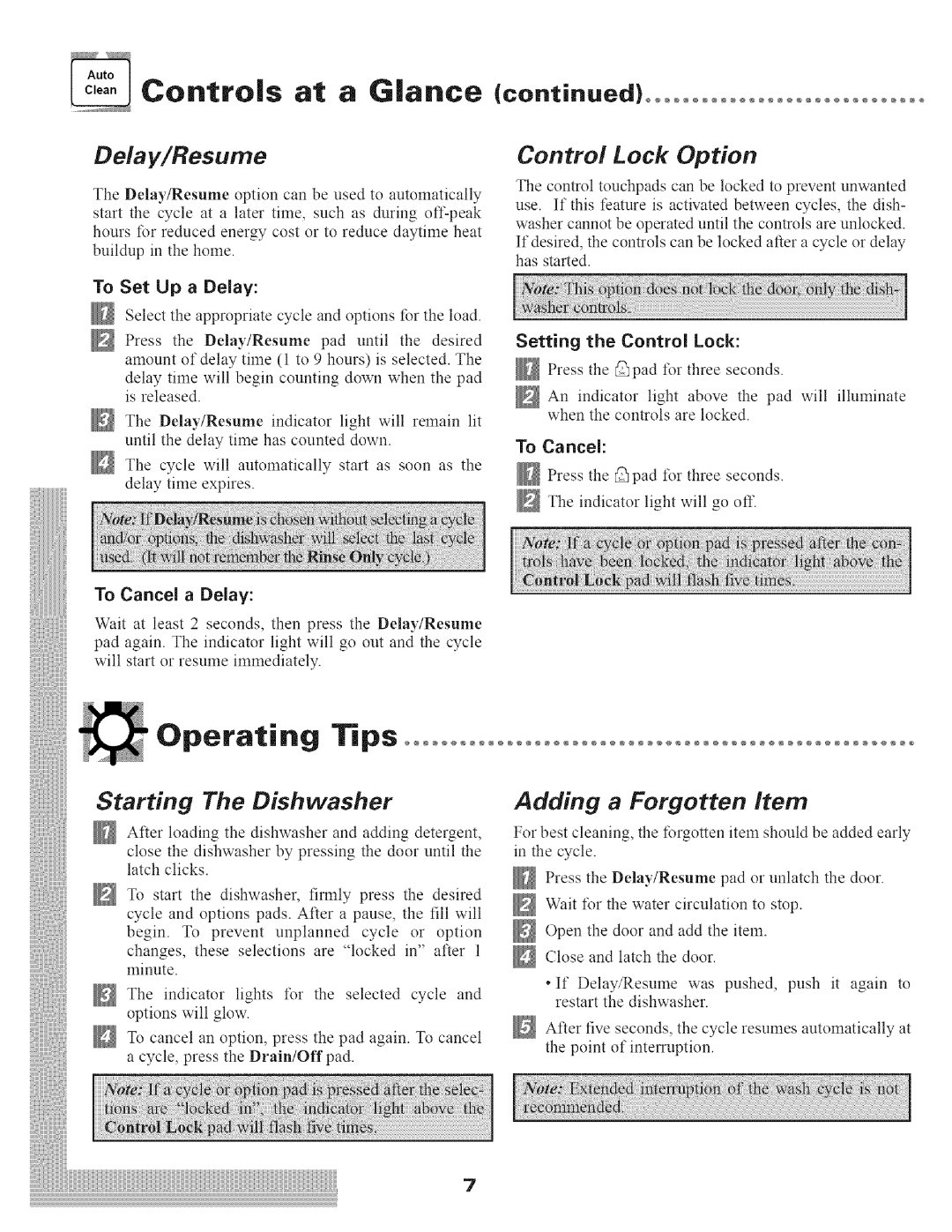 Maytag MDB9100 manual Operating, Tips, Control Lock Option, Adding, a Forgotten, Delay/Resume, To Cancel, To Set Up a Delay 