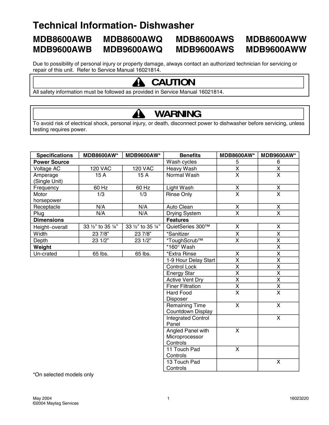 Maytag MDB8600AWS, MDB9600AWB, MDB9600AWW, MDB8600AWQ, mdb8600awb, MDB9600AWS service manual Technical Information- Dishwasher 