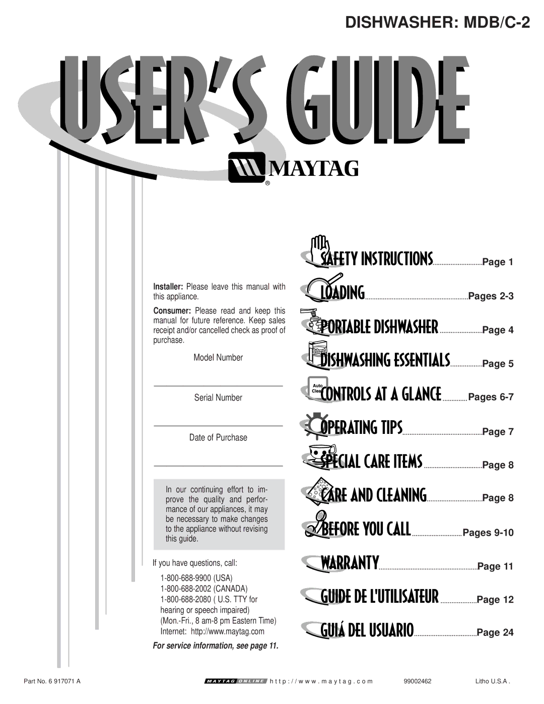 Maytag MDB/C-2 manual Pages, Installer Please leave this manual with this appliance, If you have questions, call Canada 