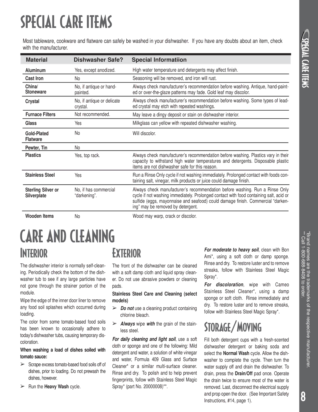 Maytag MDB/C-2 manual Special Care Items, Care and Cleaning, Interior, Exterior, Storage/Moving 