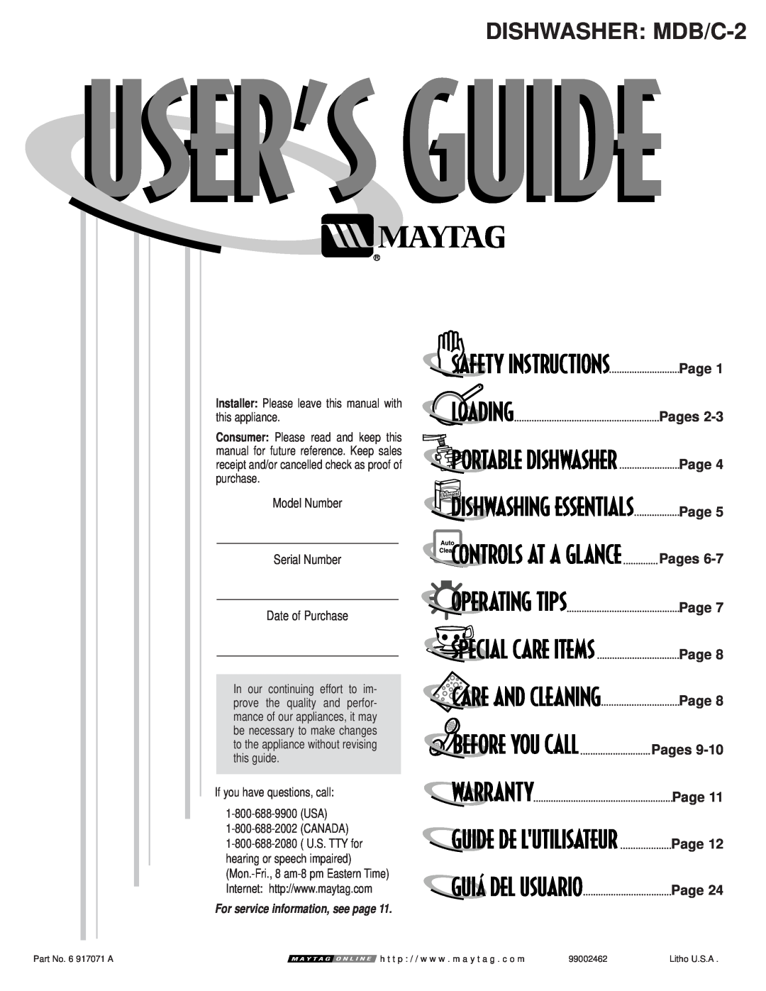 Maytag MDB/C-2 manual Page Pages Page Page Pages, Model Number, Serial Number, Date of Purchase, Operating Tips 