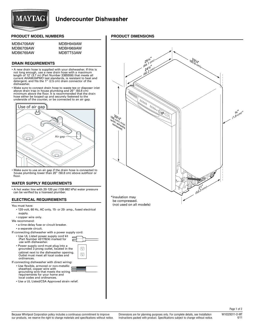 Maytag MDBH969AW, MDBH949AW, MDBTT53AW, MDB6709AW, MDB6769AW, MDB4709AW dimensions Use of air gap 