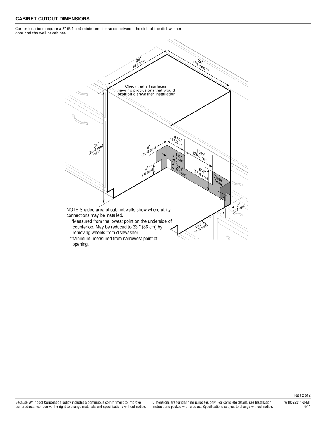 Maytag MDBTT53AW, MDBH949AW, MDBH969AW, MDB6709AW, MDB6769AW, MDB4709AW dimensions Ar r, Cabinet Cutout Dimensions 