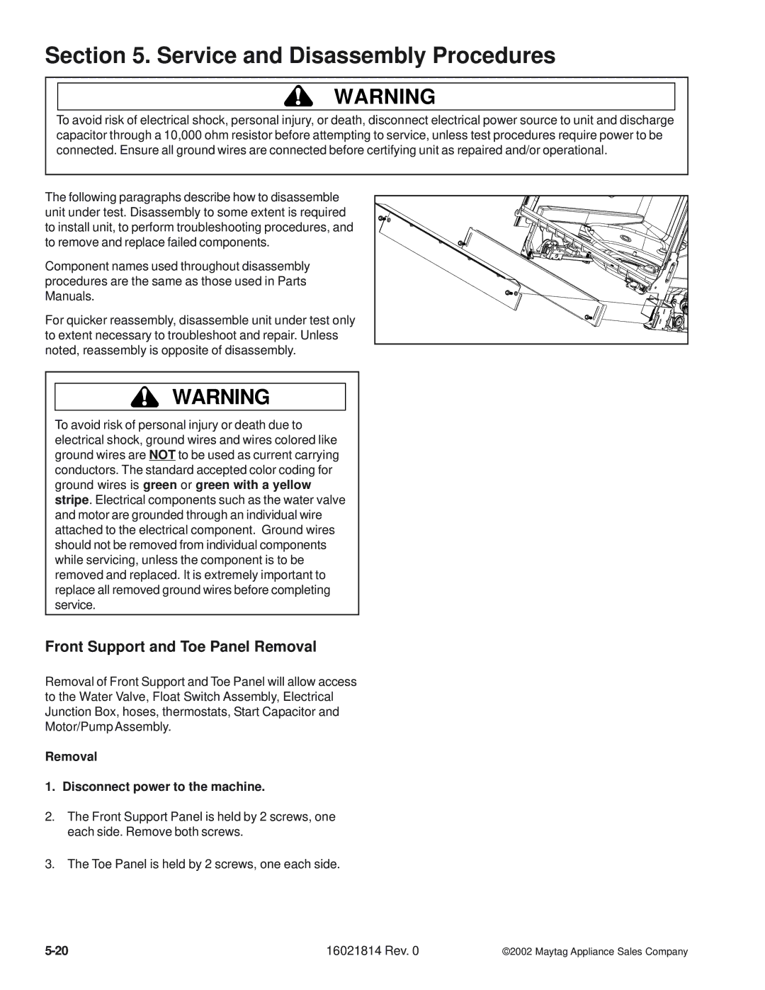 Maytag MDB6600AW, MDBH950AW, MDB9600AW, MDBL540AW Service and Disassembly Procedures, Front Support and Toe Panel Removal 