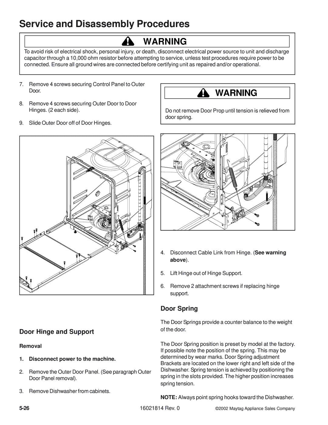 Maytag MDBH970AW, MDBH950AW, MDB9600AW, MDBL540AW, MDBF750AW, MDBF550AW, MDB8600AW manual Door Spring, Door Hinge and Support 