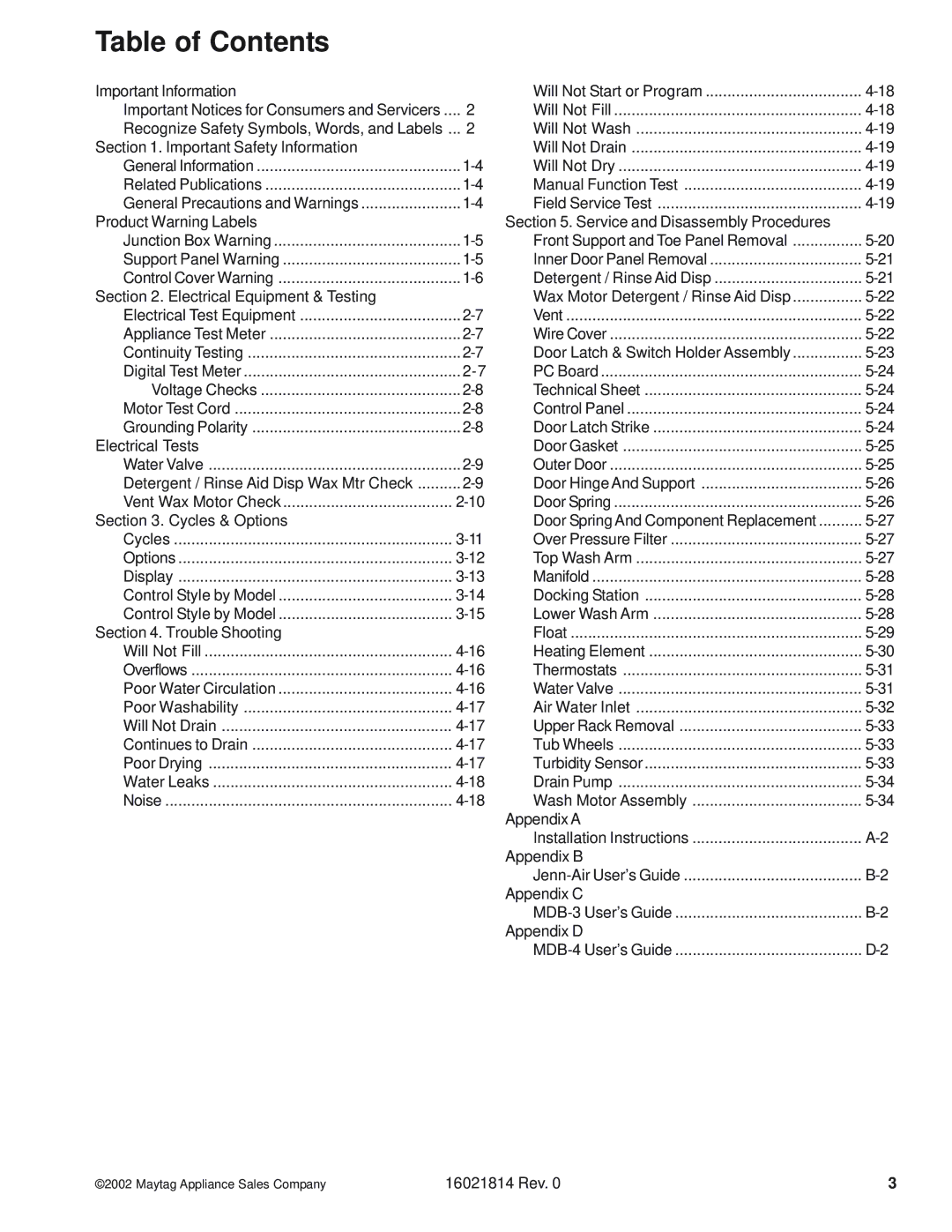 Maytag MDBF750AW, MDBH950AW, MDB9600AW, MDBL540AW, MDBH970AW, MDBF550AW, MDB8600AW, JDB4000AW, MDB7600AW manual Table of Contents 