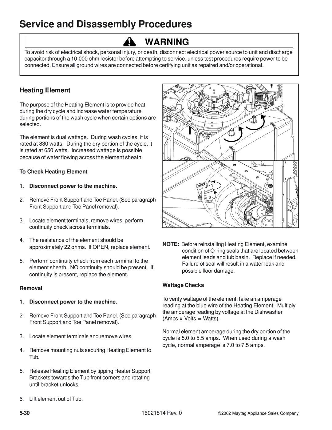 Maytag MDB7600AW, MDBH950AW, MDB9600AW manual To Check Heating Element Disconnect power to the machine, Wattage Checks 