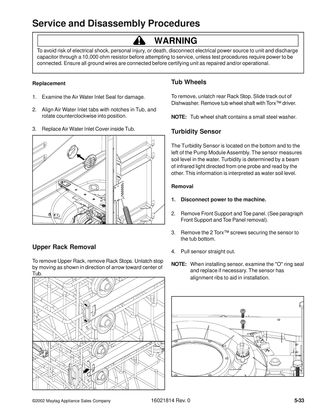 Maytag MDBH950AW, MDB9600AW, MDBL540AW, MDBF750AW, MDBH970AW, MDBF550AW manual Upper Rack Removal, Tub Wheels, Turbidity Sensor 