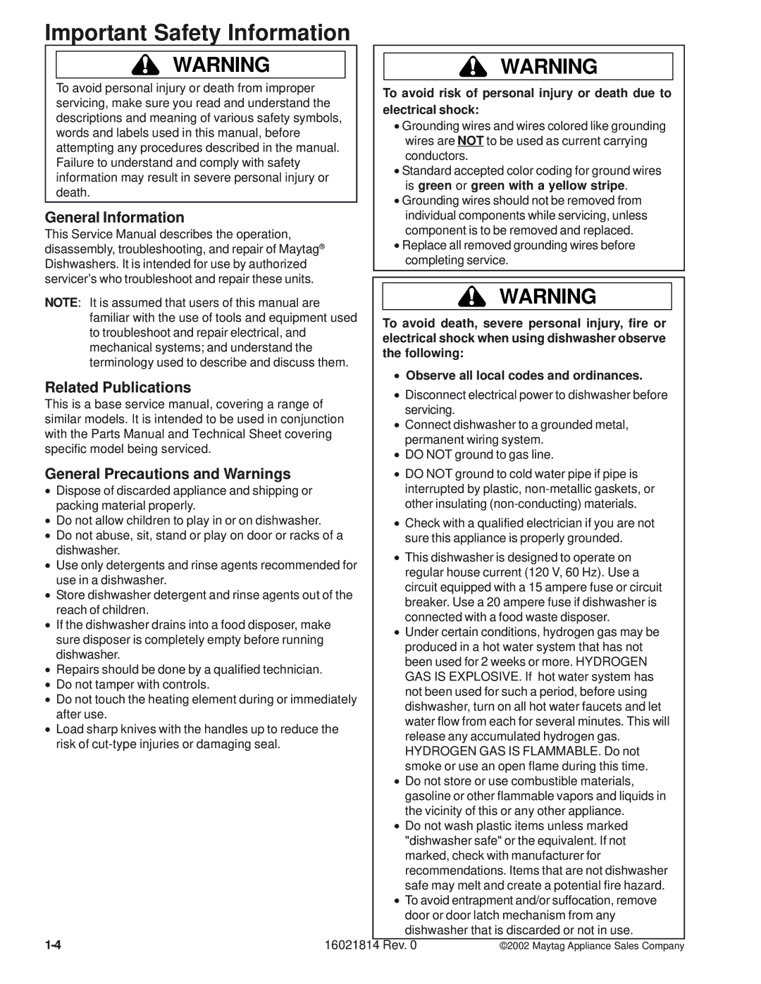 Maytag MDBH970AW Important Safety Information, General Information, Related Publications, General Precautions and Warnings 