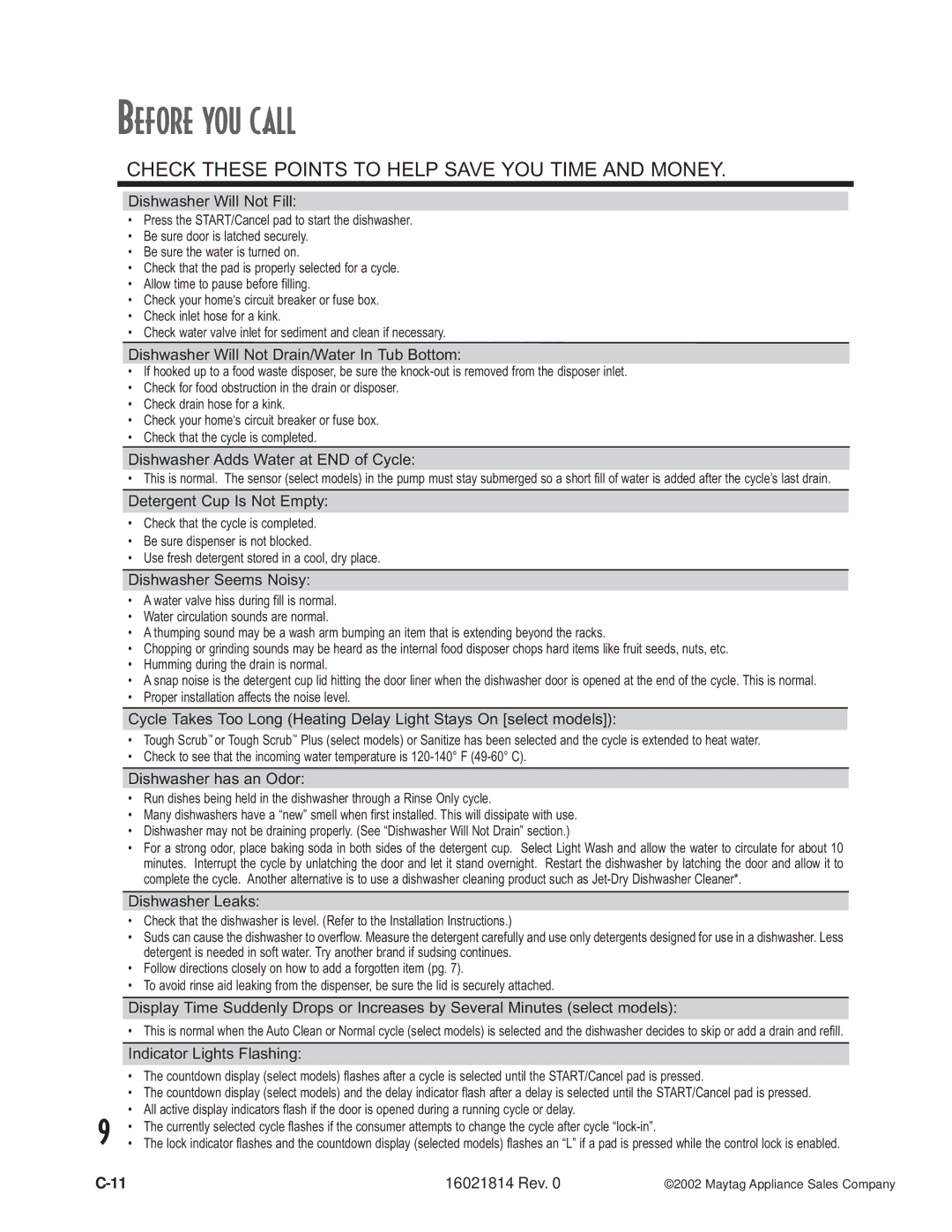 Maytag MDBL540AW, MDBH950AW, MDB9600AW, MDBF750AW, MDBH970AW, MDBF550AW, MDB8600AW, JDB4000AW, MDB7600AW manual Before you call 