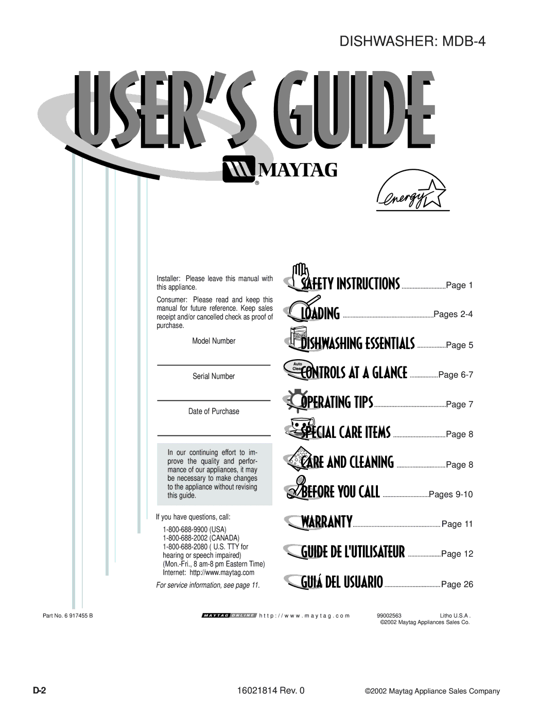 Maytag MDB8600AW, MDBH950AW, MDB9600AW, MDBL540AW, MDBF750AW, MDBH970AW, MDBF550AW, JDB4000AW, MDB7600AW Dishwasher MDB-4, Pages 