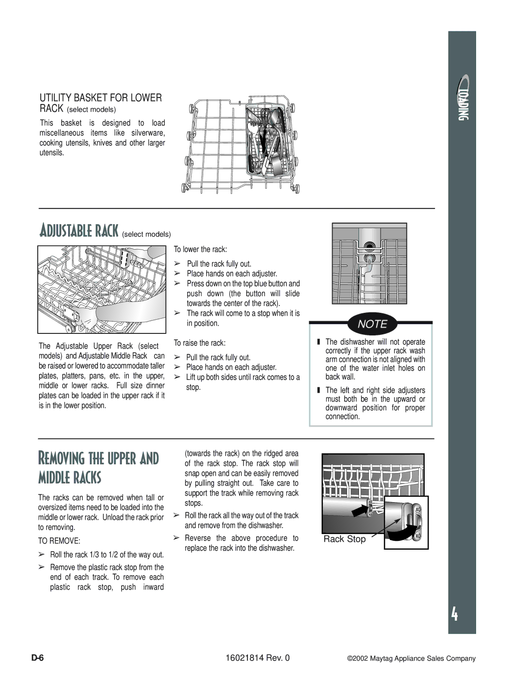 Maytag MDB5600AW, MDBH950AW, MDB9600AW, MDBL540AW Utility Basket for Lower, Rack will come to a stop when it is in position 