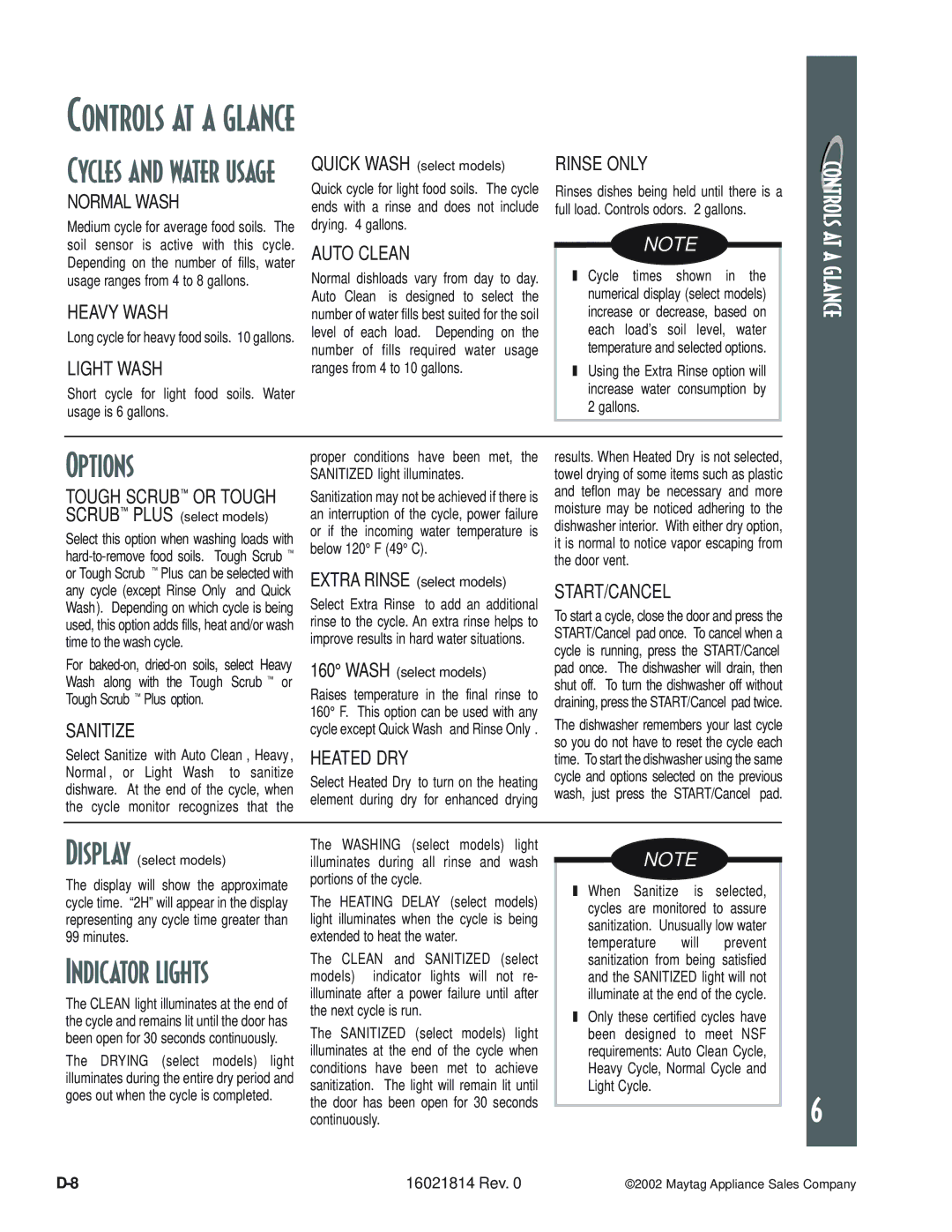 Maytag MDB9600AW, MDBH950AW Short cycle for light food soils. Water usage is 6 gallons, Full load. Controls odors gallons 