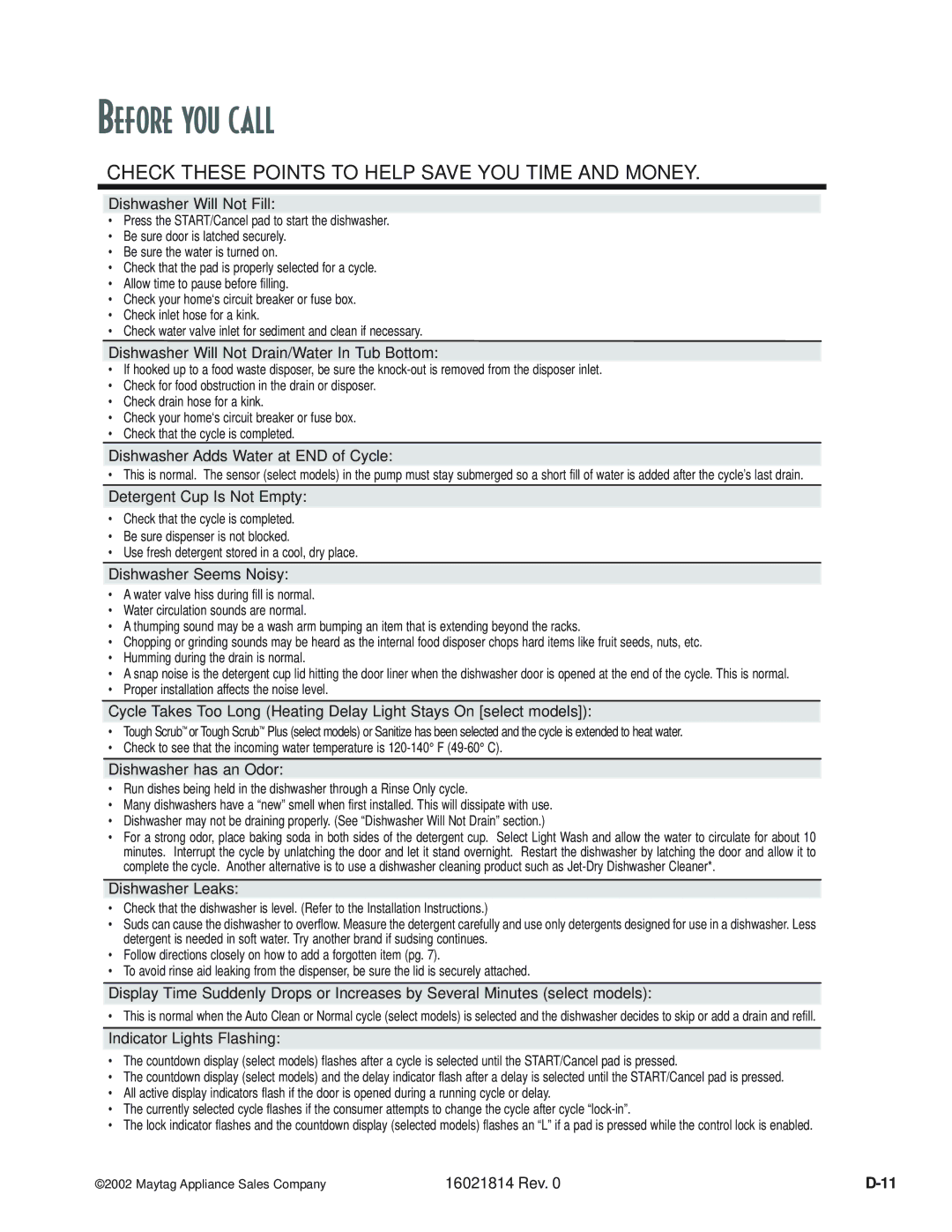 Maytag MDBH970AW manual Dishwasher Will Not Fill, Dishwasher Will Not Drain/Water In Tub Bottom, Detergent Cup Is Not Empty 