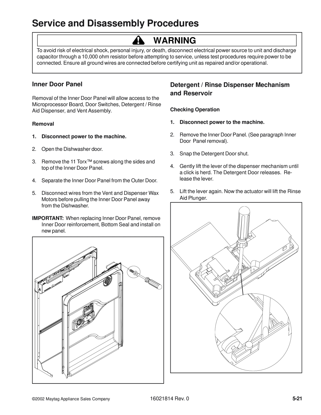 Maytag MDB5600AW Service and Disassembly Procedures, Inner Door Panel, Removal 1.Disconnect power to the machine, 5-21 