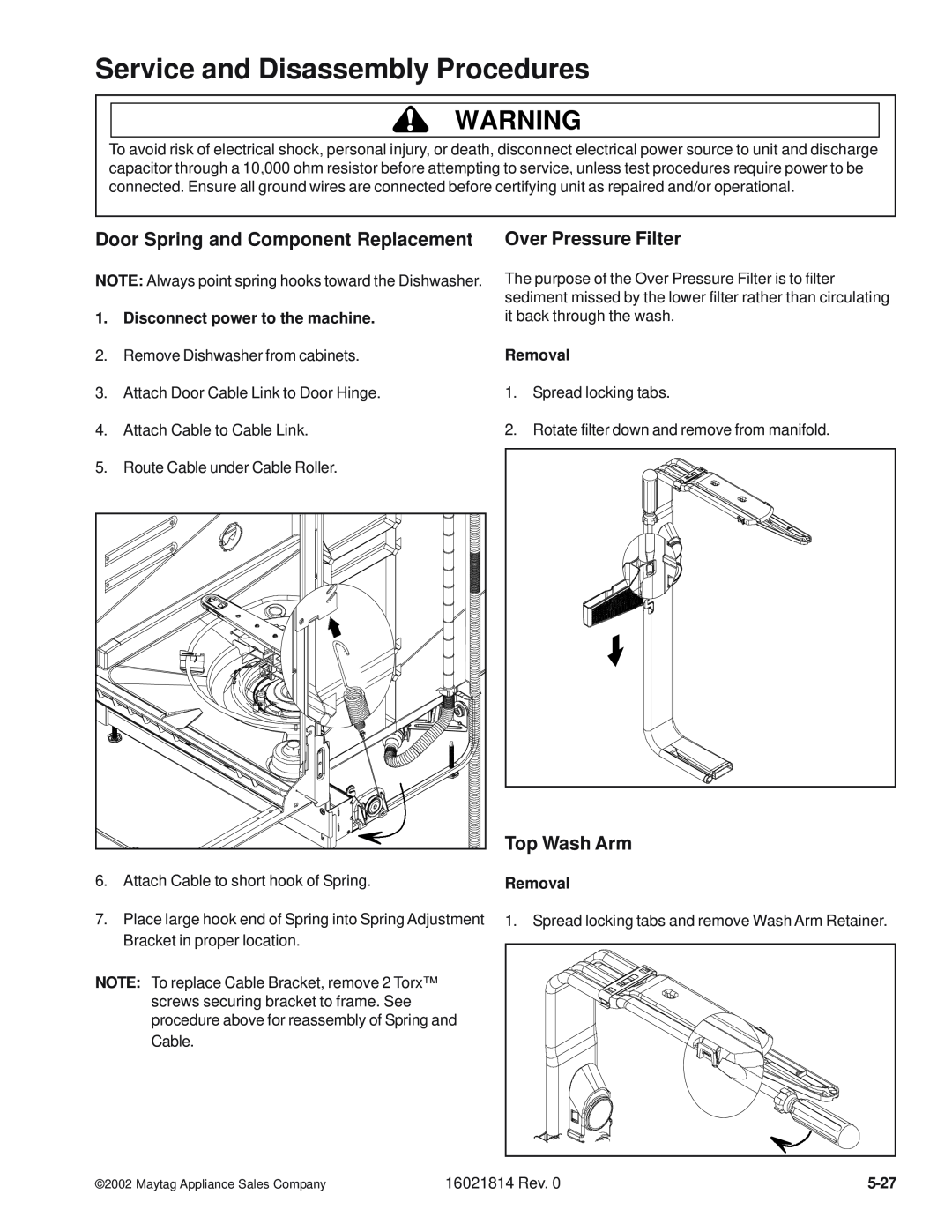 Maytag MDBF550AW manual Top Wash Arm, Service and Disassembly Procedures, Disconnect power to the machine, Removal, 5-27 