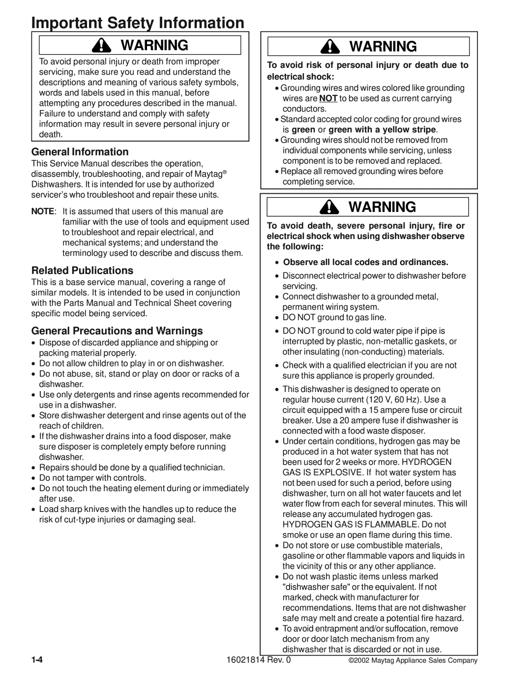 Maytag MDBH970AW Important Safety Information, General Information, Related Publications, General Precautions and Warnings 