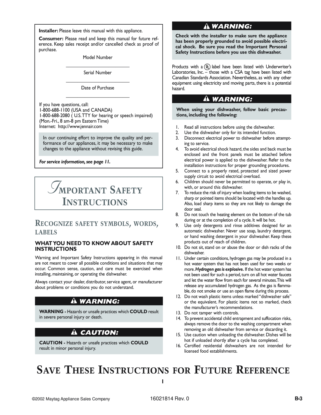 Maytag MDBF750AW Important Safety Instructions, Recognize Safety Symbols, Words, Labels, For service information, see page 