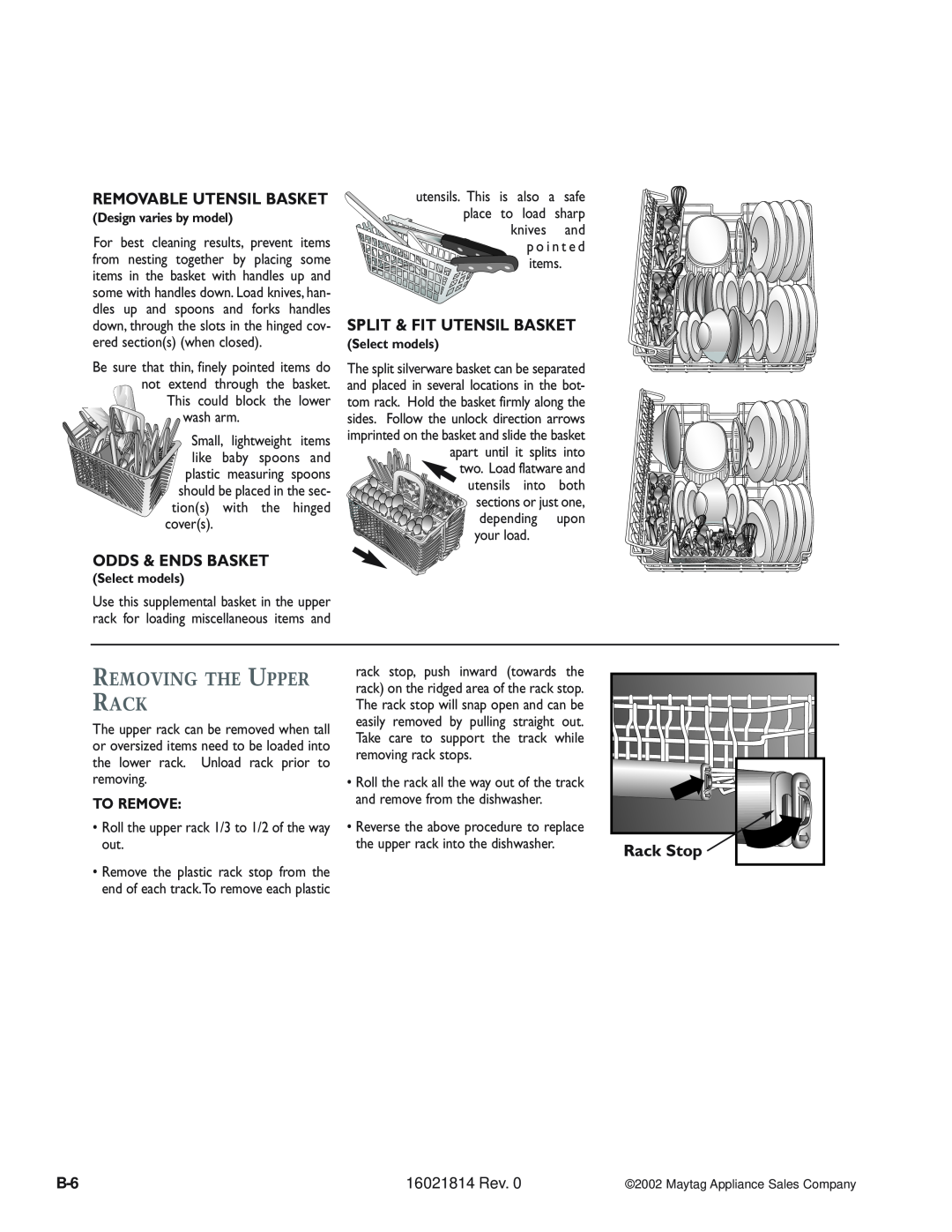 Maytag MDB8600AW manual Removing The Upper Rack, Removable Utensil Basket, Split & Fit Utensil Basket, To Remove, Rack Stop 