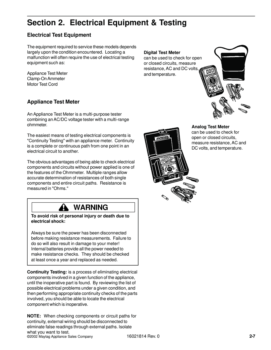 Maytag JDB4000AW manual Electrical Equipment & Testing, Electrical Test Equipment, Appliance Test Meter, Digital Test Meter 