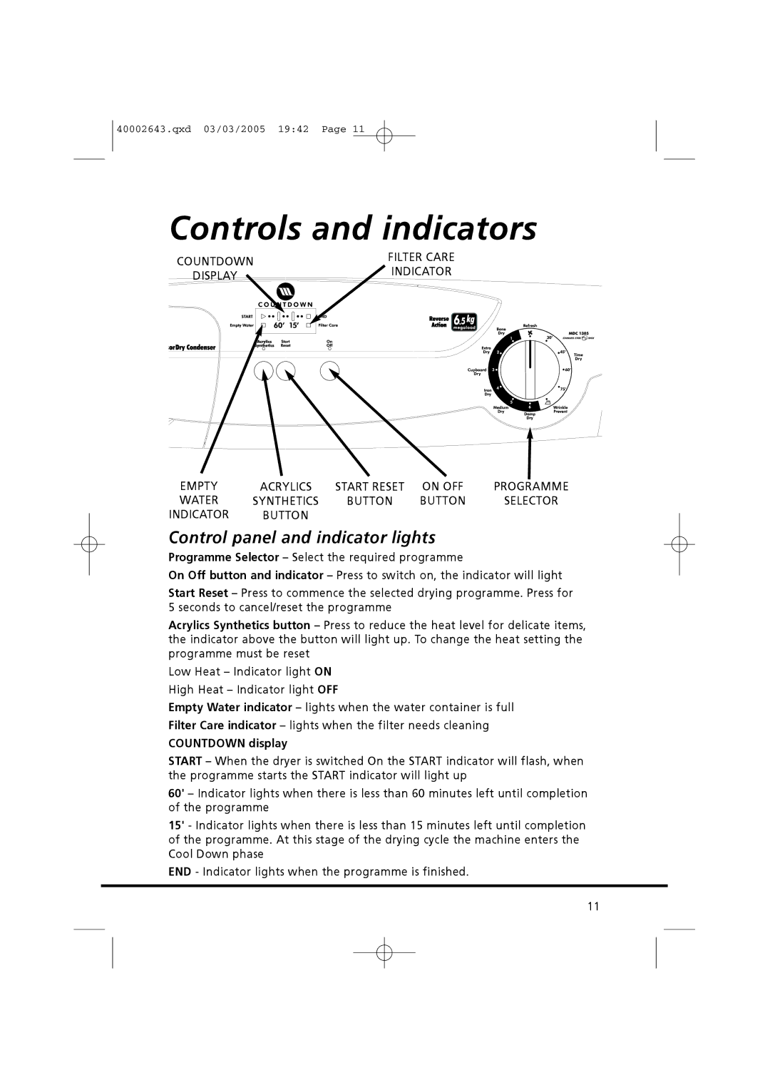 Maytag MDC1305AAW manual Controls and indicators, Control panel and indicator lights 