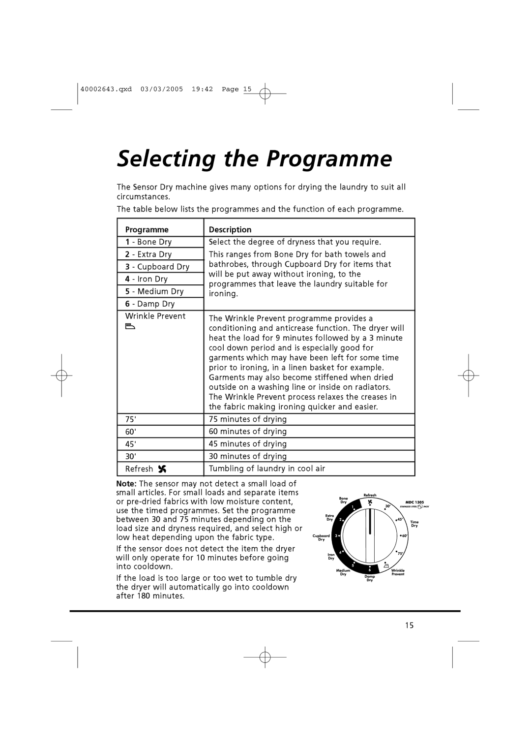 Maytag MDC1305AAW manual Selecting the Programme, Programme Description 