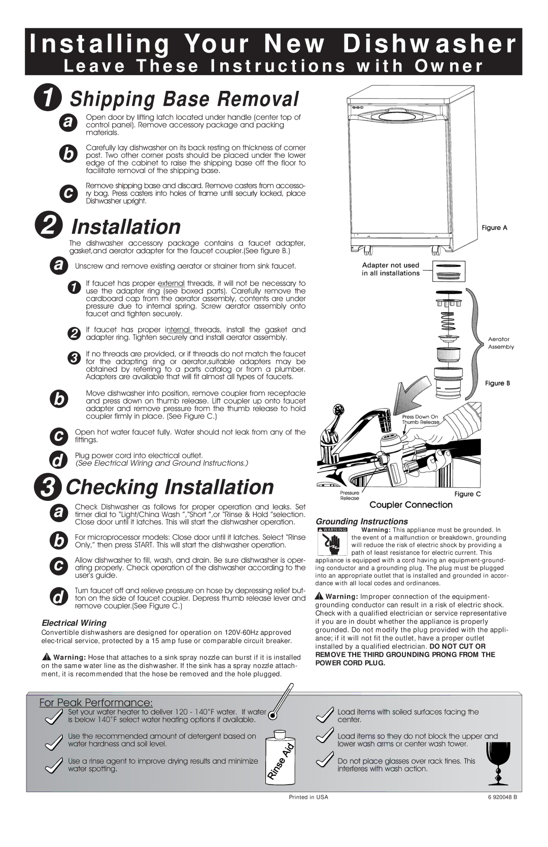 Maytag MDC4650AWW manual Shipping Base Removal, Checking Installation, Grounding Instructions, Electrical Wiring 