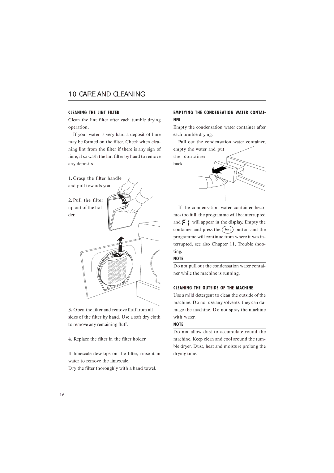 Maytag MDE 9801, MDE 9701 manual Care and Cleaning, Cleaning the Lint Filter, Emptying the Condensation Water Contai NER 