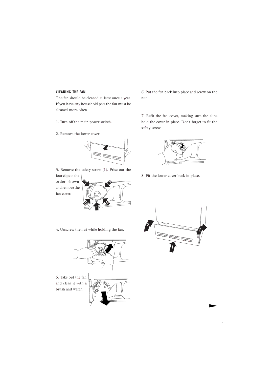 Maytag MDE 9701, MDE 9801 manual Unscrew the nut while holding the fan, Cleaning the FAN 