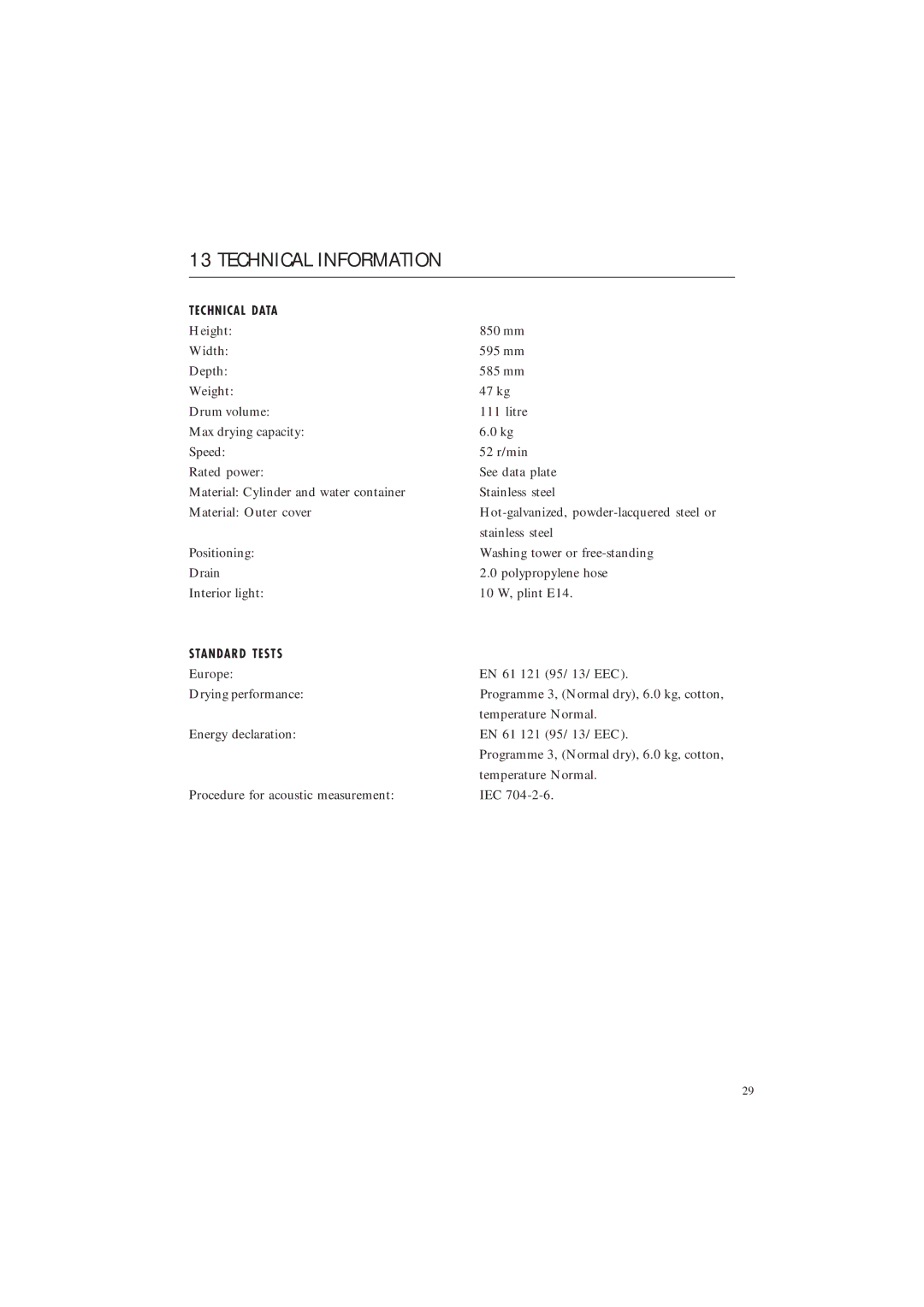 Maytag MDE 9901 manual Technical Information, Technical Data, Standard Tests 