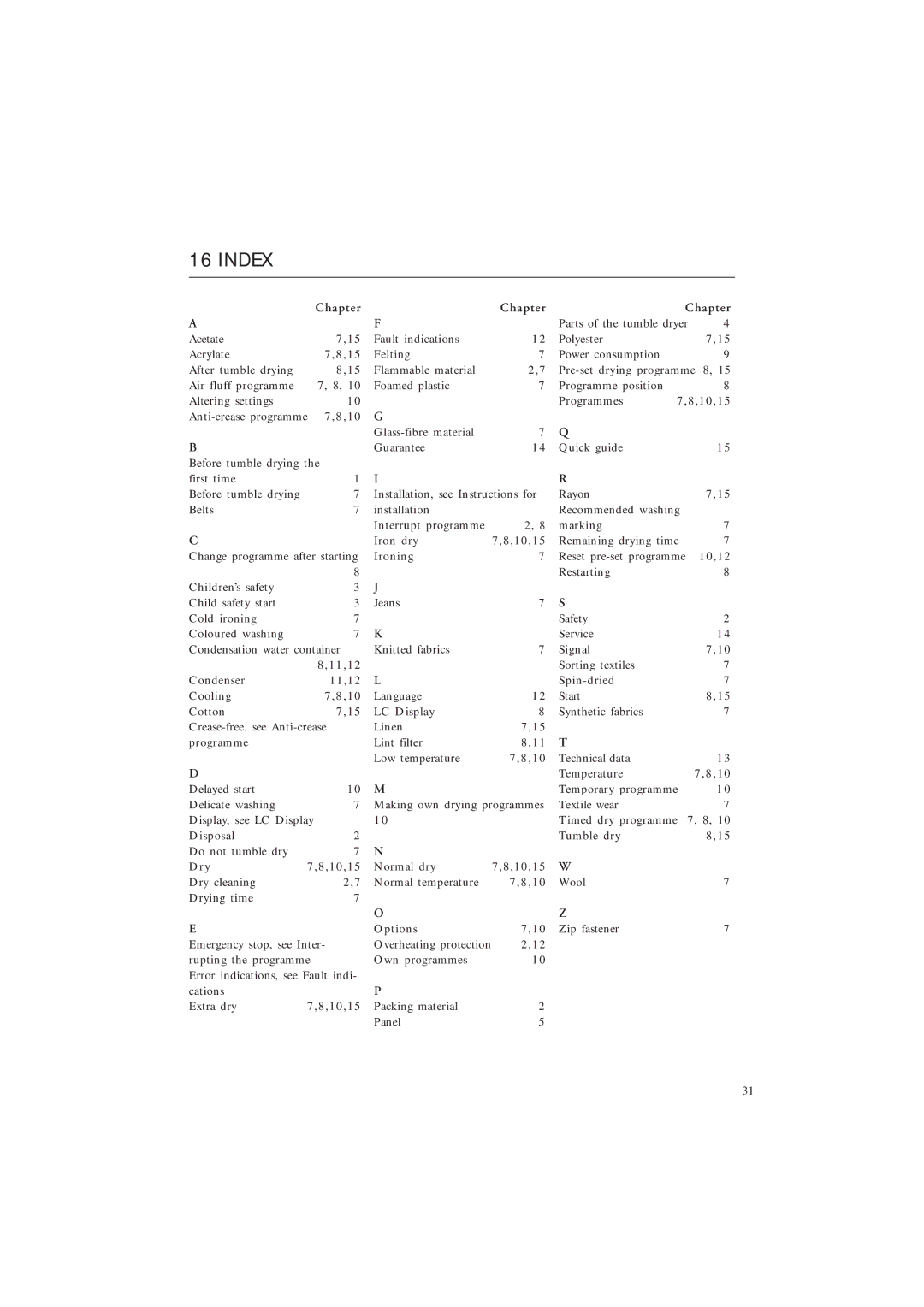 Maytag MDE 9901 manual Index, Chapter 