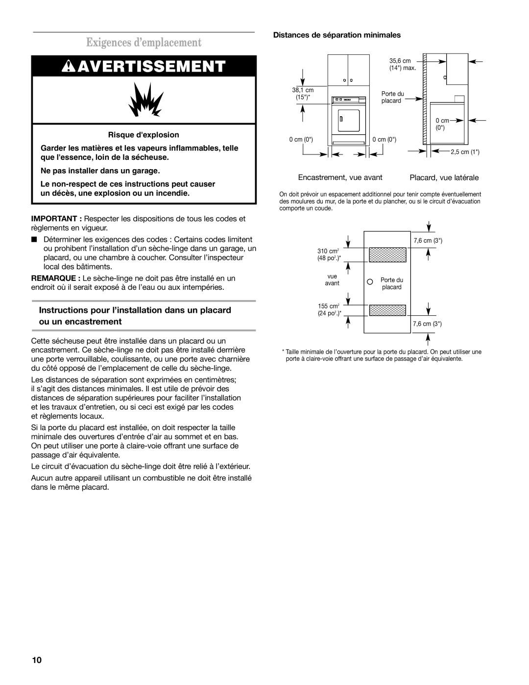 Maytag MDE17MN Exigences d’emplacement, Distances de séparation minimales, Encastrement, vue avant 